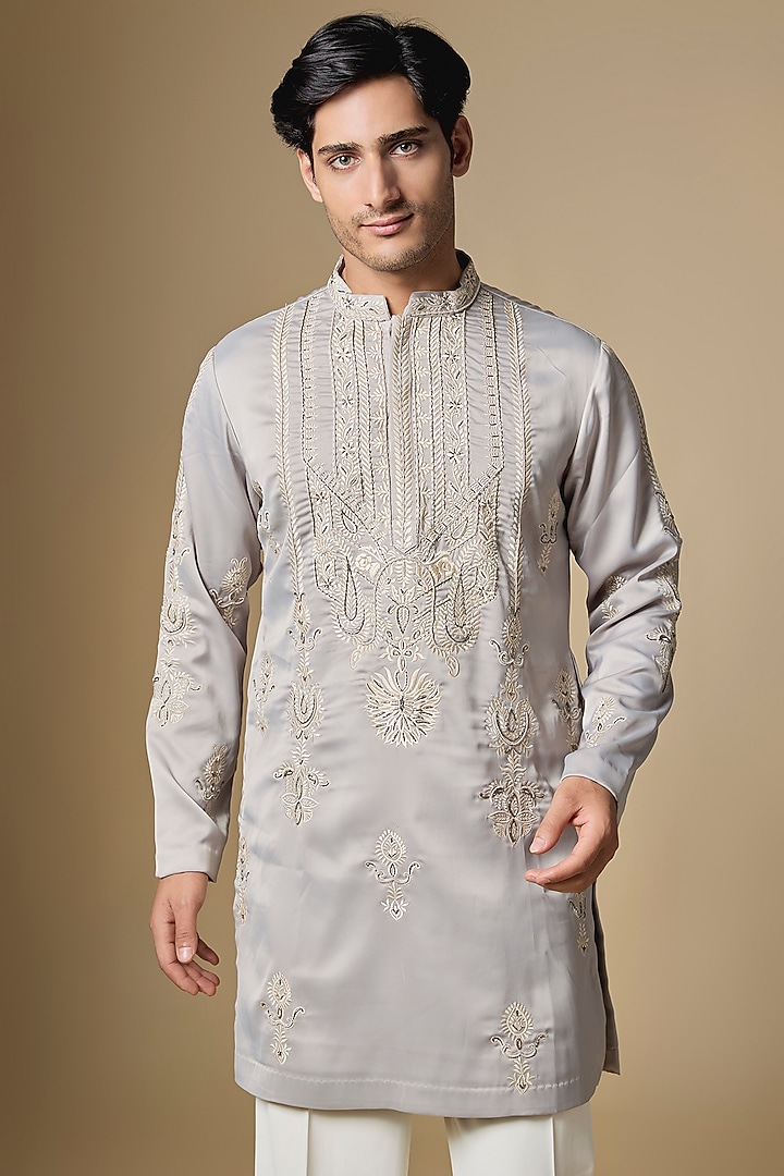 Silver Grey Armani Satin Cutdana Embroidered Kurta Set by Dapper & Dare at Pernia's Pop Up Shop