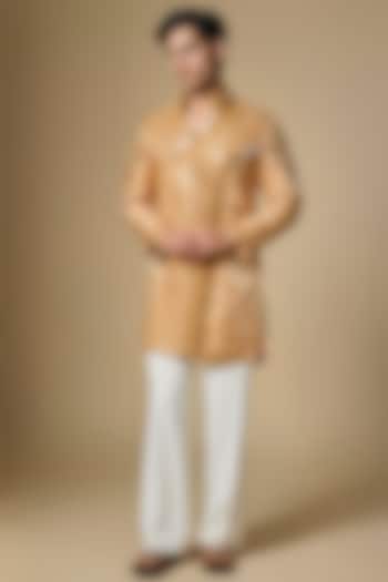 Bronze Gold Satin Mirror Embroidered Kurta Set by Dapper & Dare at Pernia's Pop Up Shop