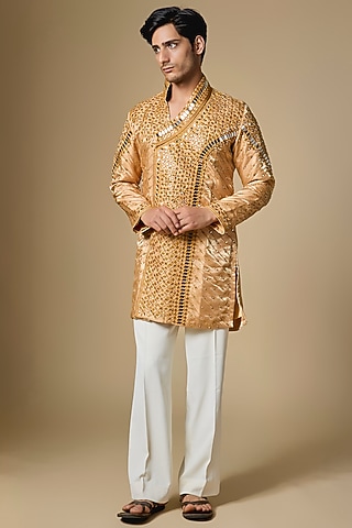 Bronze Gold Satin Mirror Embroidered Kurta Set by Dapper & Dare