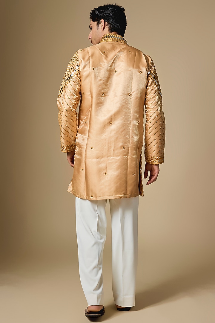 Bronze Gold Satin Mirror Embroidered Kurta Set by Dapper & Dare at Pernia's Pop Up Shop