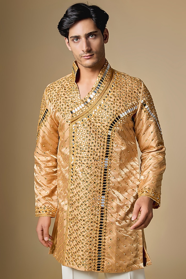 Bronze Gold Satin Mirror Embroidered Kurta Set by Dapper & Dare at Pernia's Pop Up Shop
