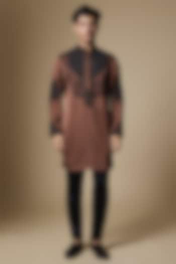 Brown Armani Satin Cutdana Embroidered Kurta Set by Dapper & Dare at Pernia's Pop Up Shop