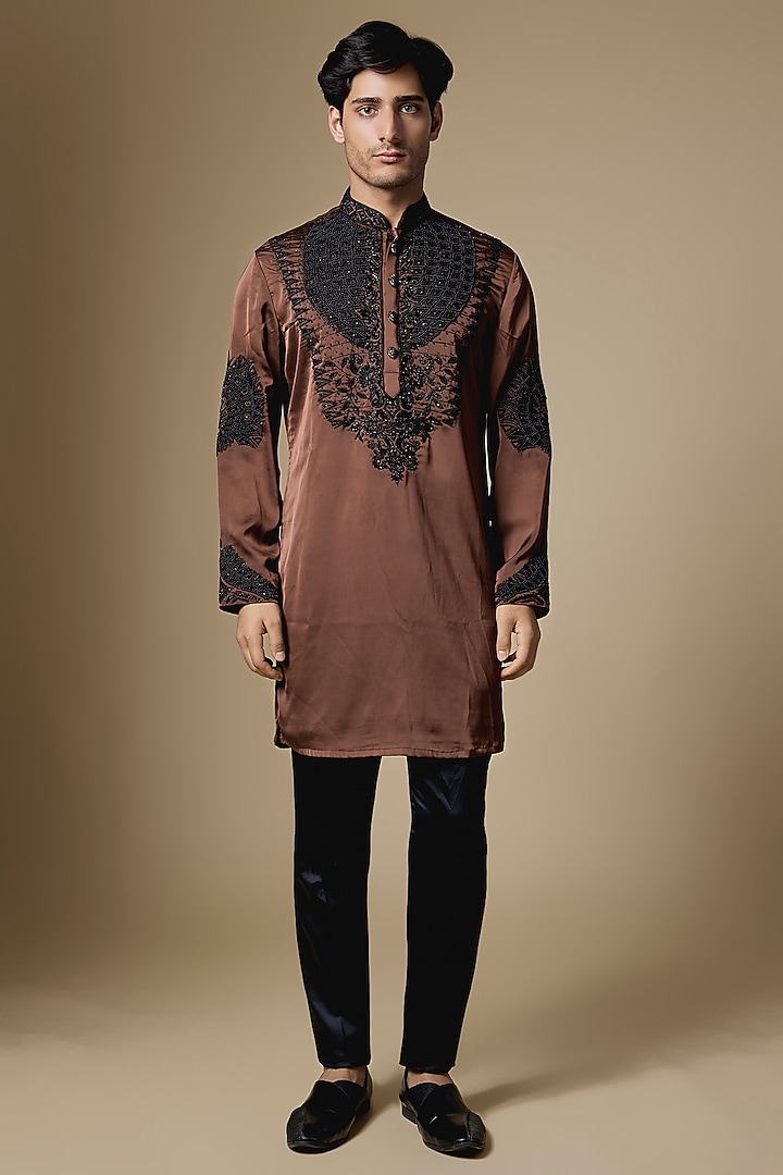 Brown Armani Satin Cutdana Embroidered Kurta Set by Dapper & Dare at Pernia's Pop Up Shop