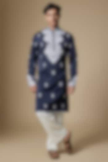 Dark Navy Blue Armani Satin Thread Embroidered Kurta Set by Dapper & Dare at Pernia's Pop Up Shop