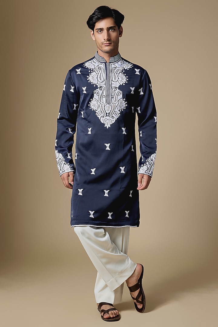Dark Navy Blue Armani Satin Thread Embroidered Kurta Set by Dapper & Dare at Pernia's Pop Up Shop