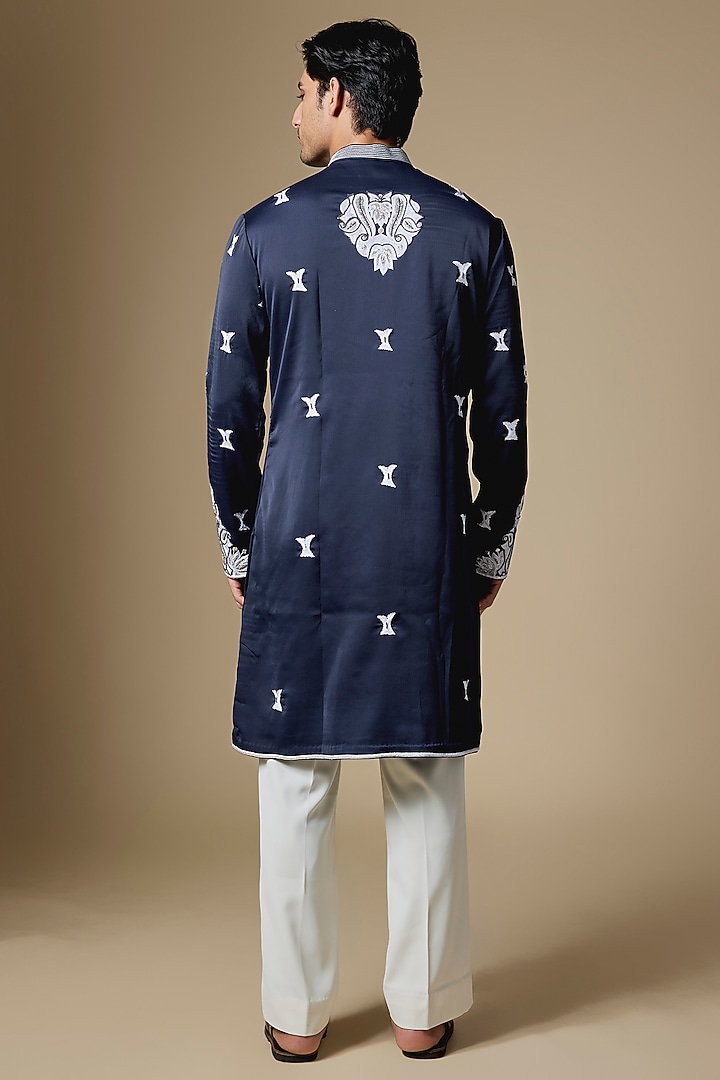 Dark Navy Blue Armani Satin Thread Embroidered Kurta Set by Dapper & Dare at Pernia's Pop Up Shop