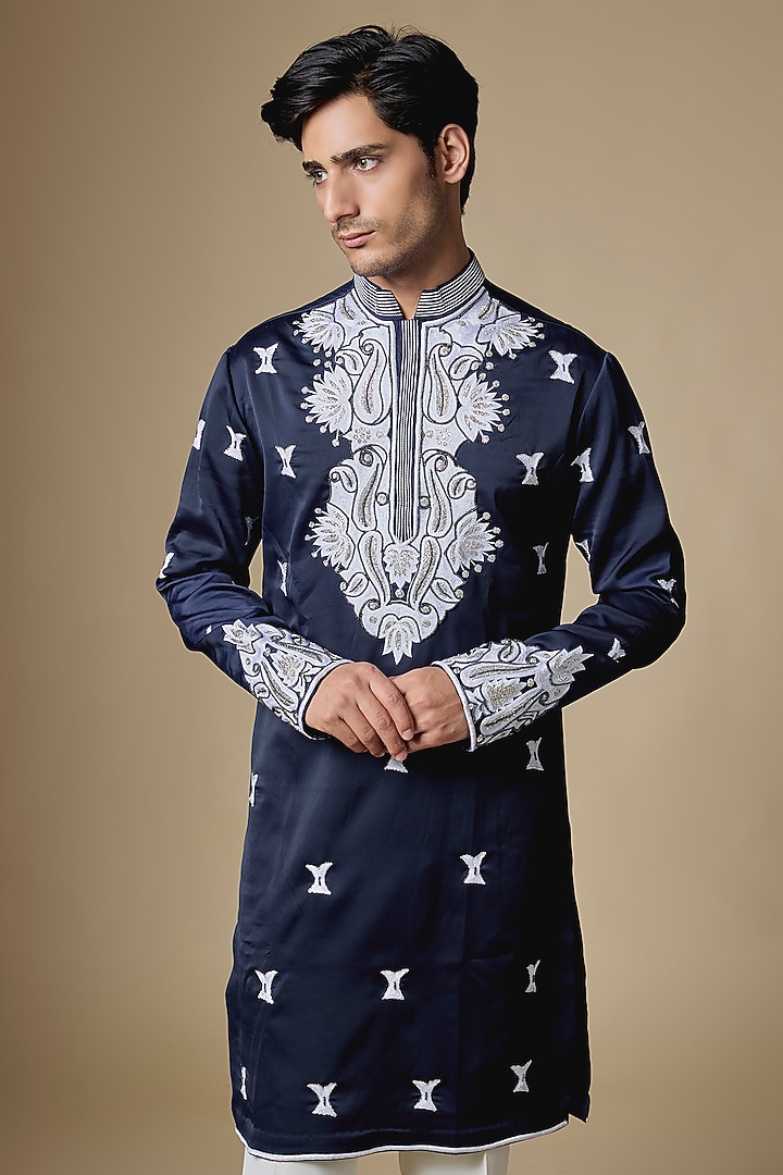 Dark Navy Blue Armani Satin Thread Embroidered Kurta Set by Dapper & Dare at Pernia's Pop Up Shop