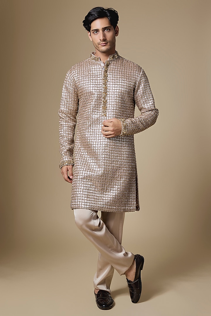 Bronze Net Embroidered Kurta Set by Dapper & Dare at Pernia's Pop Up Shop