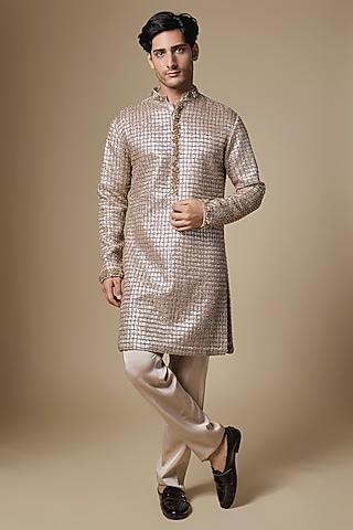 Bronze Net Embroidered Kurta Set by Dapper & Dare