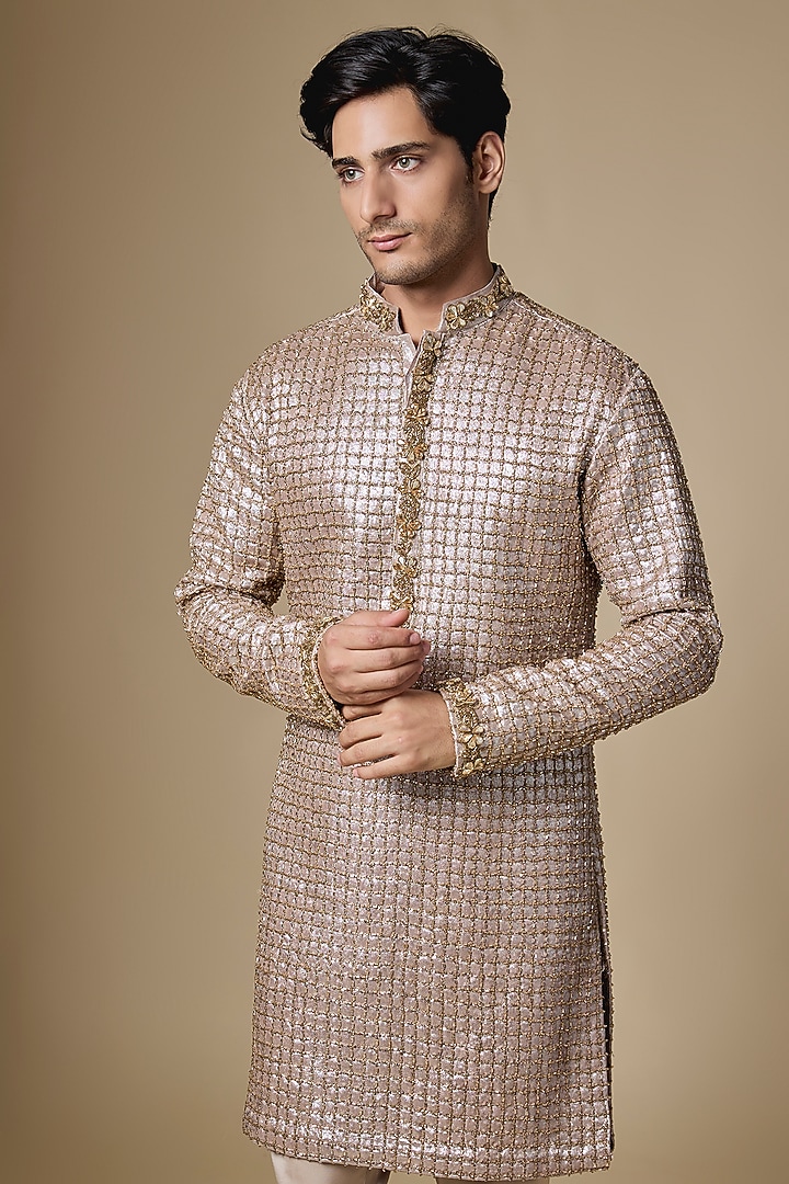 Bronze Net Embroidered Kurta Set by Dapper & Dare at Pernia's Pop Up Shop