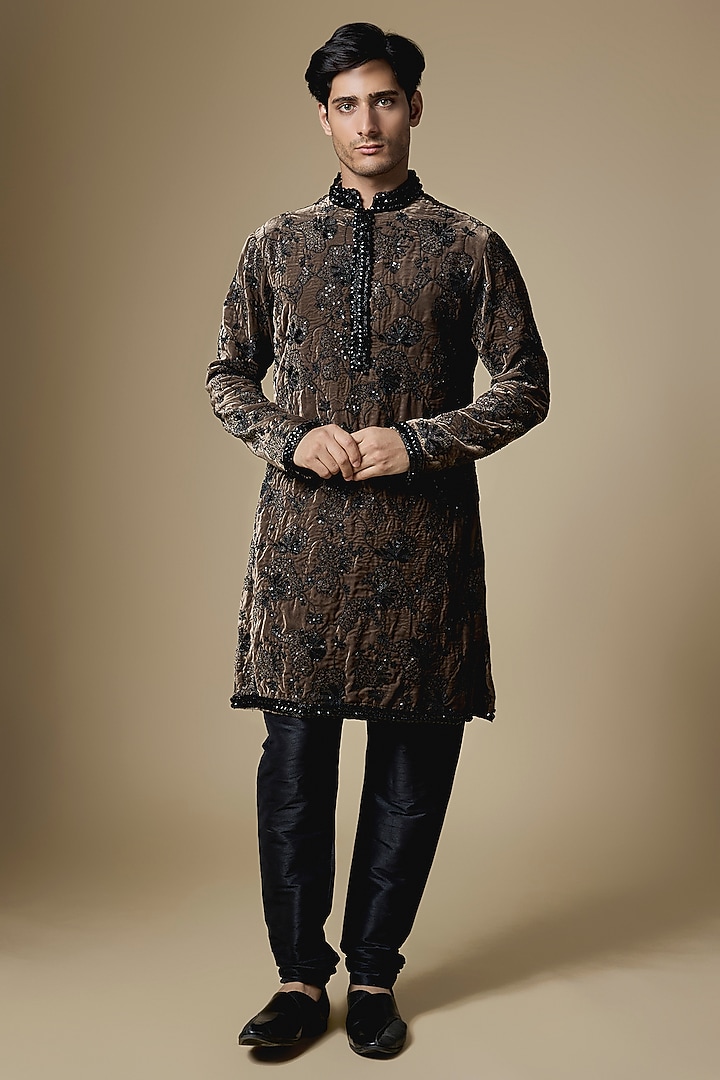 Brown Velvet Hand Embroidered Kurta Set by Dapper & Dare at Pernia's Pop Up Shop