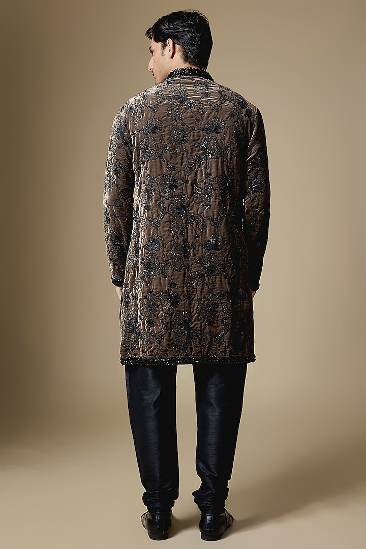 Brown Velvet Hand Embroidered Kurta Set by Dapper & Dare at Pernia's Pop Up Shop