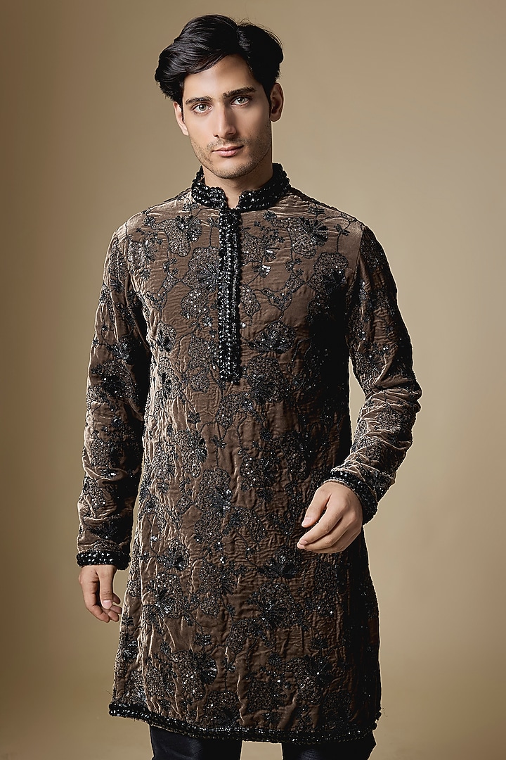 Brown Velvet Hand Embroidered Kurta Set by Dapper & Dare at Pernia's Pop Up Shop