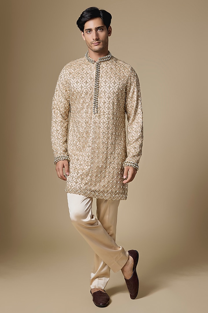 Champagne Gold Sequins Net Fabric Cutdana Embroidered Kurta Set by Dapper & Dare at Pernia's Pop Up Shop