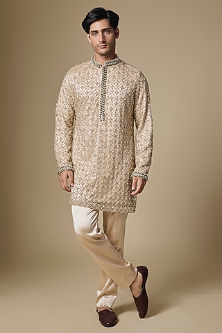 Champagne Gold Sequins Net Fabric Cutdana Embroidered Kurta Set by Dapper & Dare
