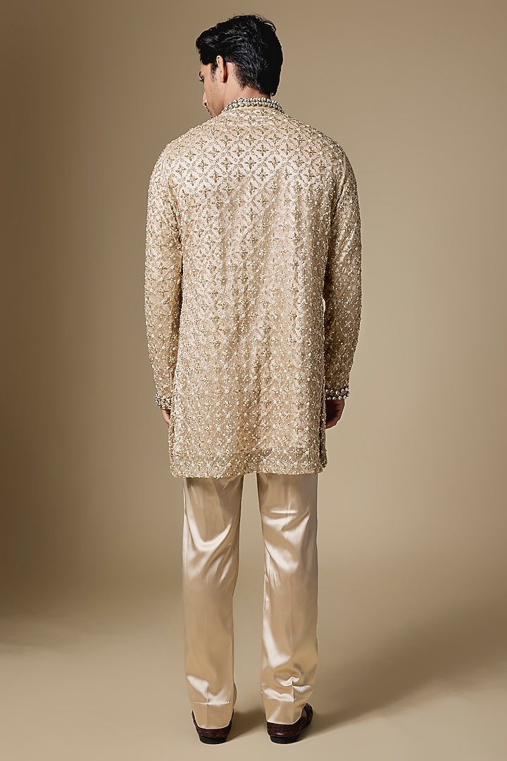 Champagne Gold Sequins Net Fabric Cutdana Embroidered Kurta Set by Dapper & Dare at Pernia's Pop Up Shop