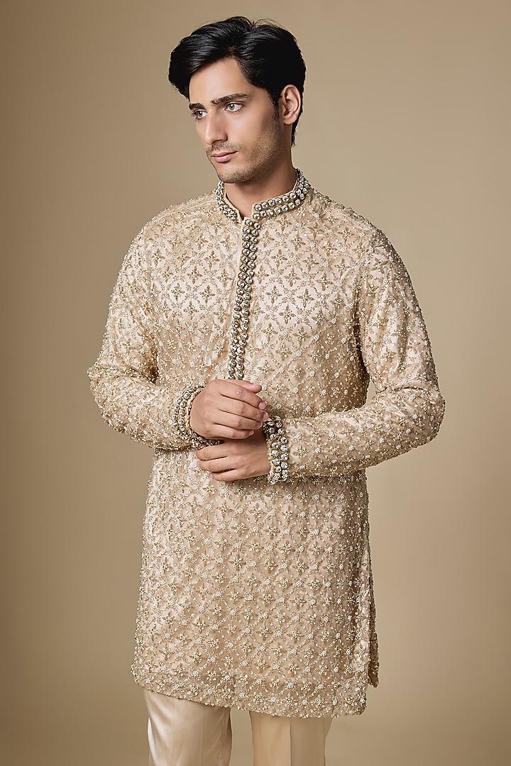 Champagne Gold Sequins Net Fabric Cutdana Embroidered Kurta Set by Dapper & Dare at Pernia's Pop Up Shop