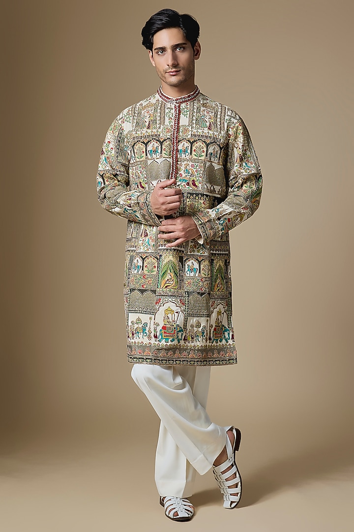 Multi-Colored Dupion Silk Zardosi Embroidered Kurta Set by Dapper & Dare at Pernia's Pop Up Shop