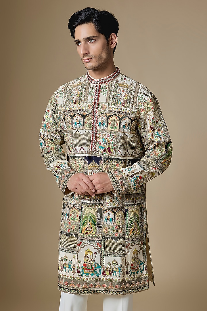 Multi-Colored Dupion Silk Zardosi Embroidered Kurta Set by Dapper & Dare at Pernia's Pop Up Shop