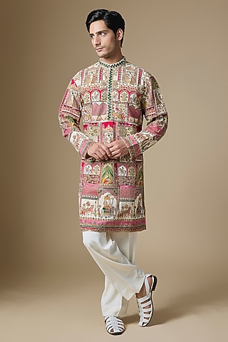 Multi-Colored Dupion Silk Zardosi Embroidered Kurta Set by Dapper & Dare
