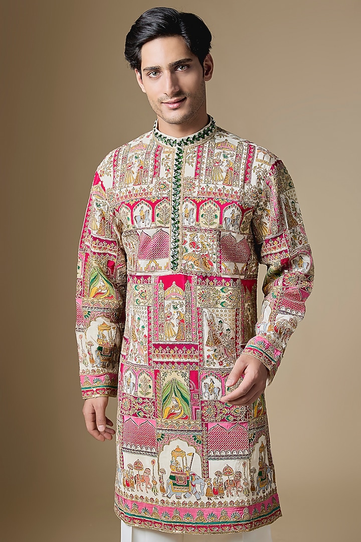 Multi-Colored Dupion Silk Zardosi Embroidered Kurta Set by Dapper & Dare at Pernia's Pop Up Shop