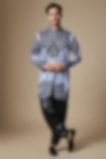 Metallic Grey Armani Satin Cutdana Embroidered Kurta Set by Dapper & Dare at Pernia's Pop Up Shop