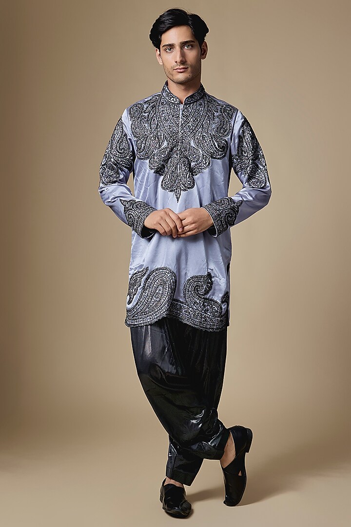 Metallic Grey Armani Satin Cutdana Embroidered Kurta Set by Dapper & Dare at Pernia's Pop Up Shop