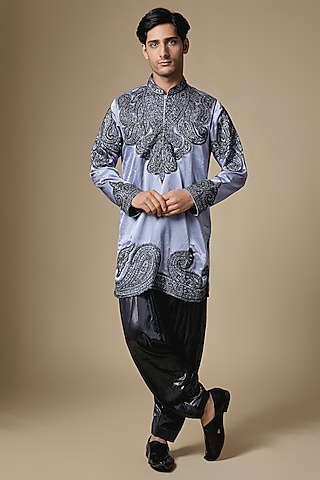 Metallic Grey Armani Satin Cutdana Embroidered Kurta Set by Dapper & Dare