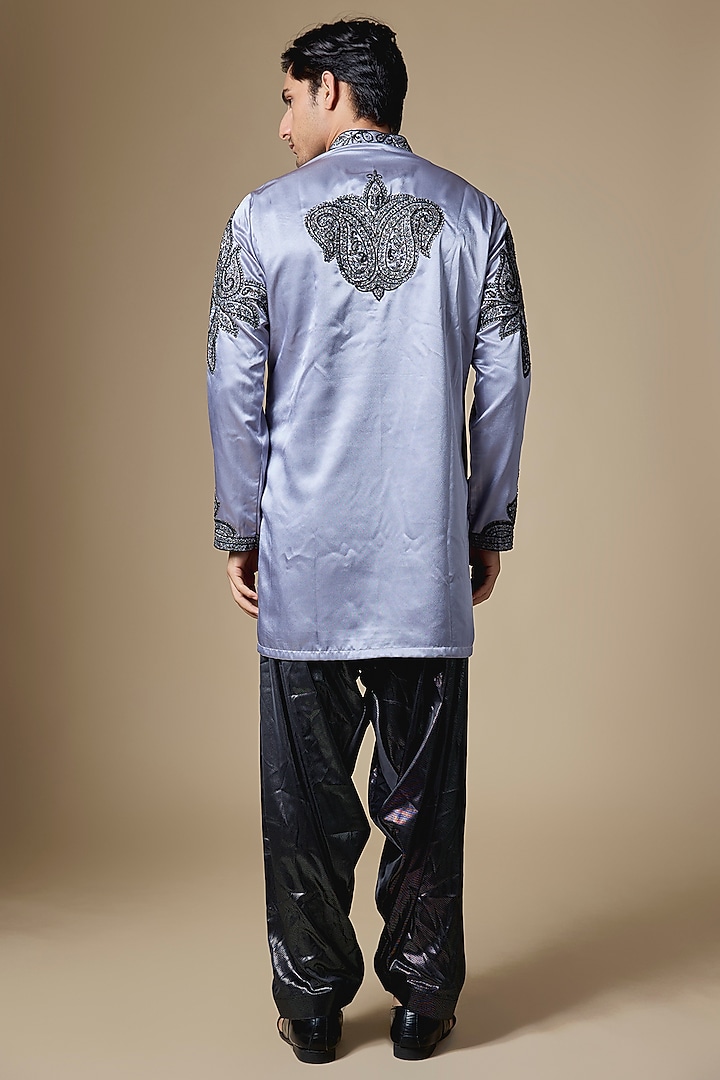 Metallic Grey Armani Satin Cutdana Embroidered Kurta Set by Dapper & Dare at Pernia's Pop Up Shop
