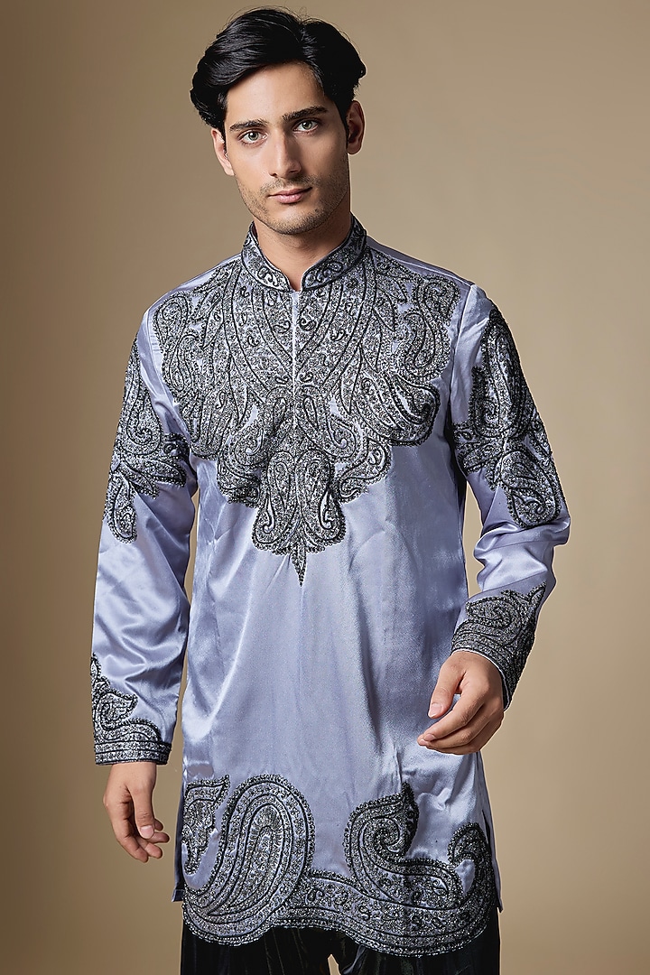 Metallic Grey Armani Satin Cutdana Embroidered Kurta Set by Dapper & Dare at Pernia's Pop Up Shop