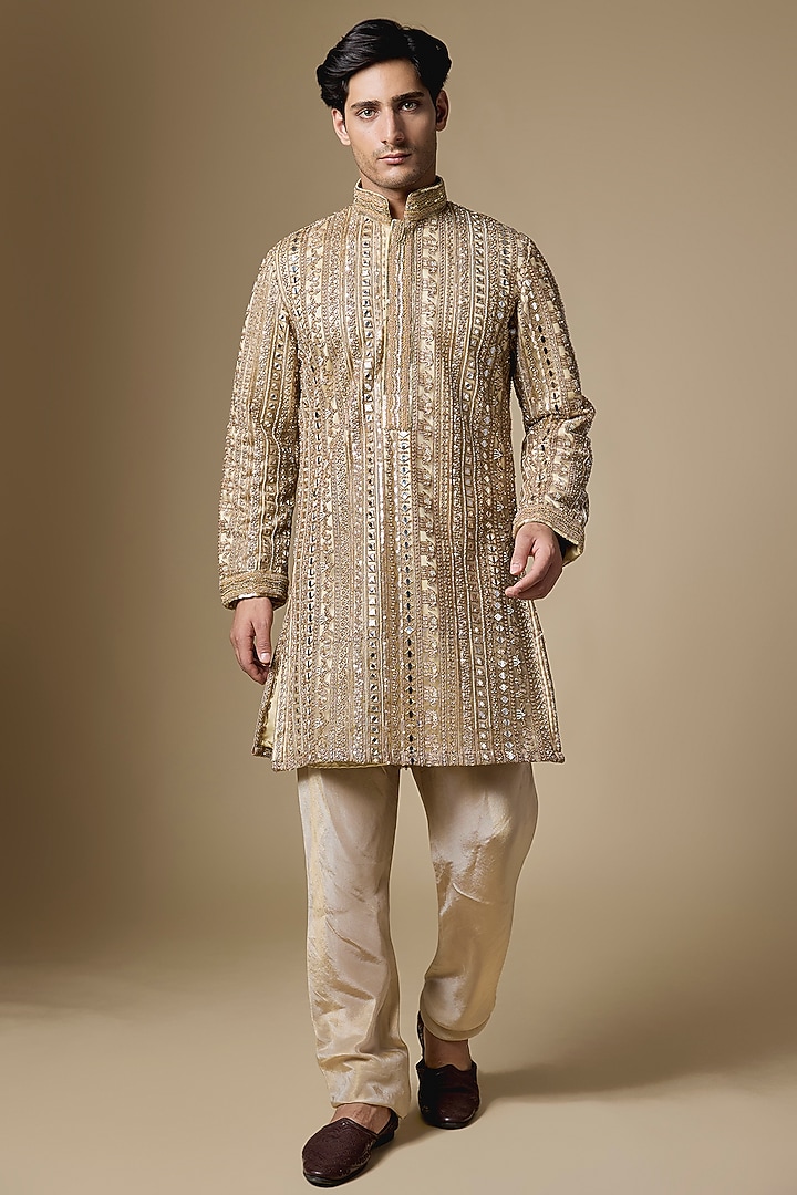 Bronze Gold Net Cutdana Embellished Kurta Set by Dapper & Dare at Pernia's Pop Up Shop