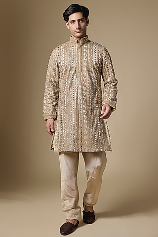 Bronze Gold Net Cutdana Embellished Kurta Set by Dapper & Dare