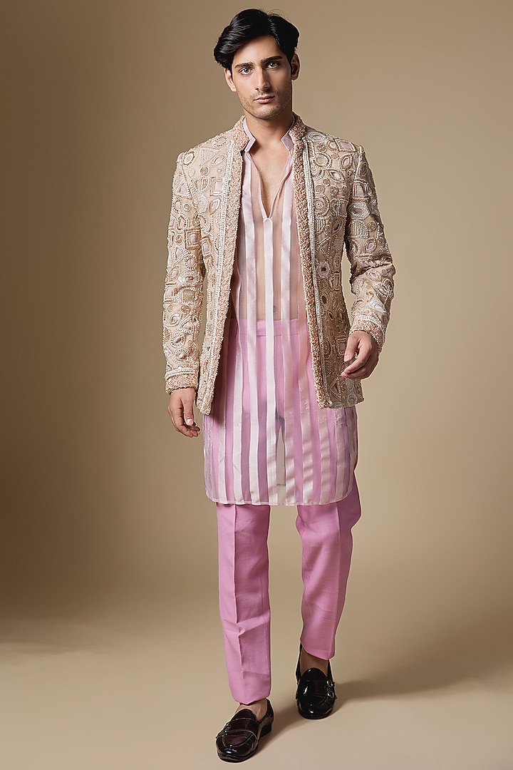 Gold Georgette Resham Embellished Open-Groom Indowestern Set by Dapper & Dare at Pernia's Pop Up Shop