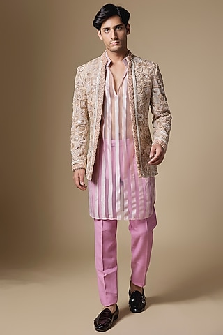 Gold Georgette Resham Embellished Open-Indowestern Set by Dapper & Dare