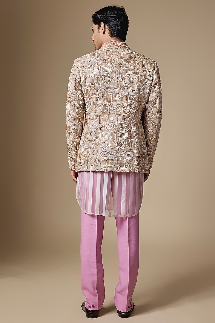 Gold Georgette Resham Embellished Open-Groom Indowestern Set by Dapper & Dare at Pernia's Pop Up Shop