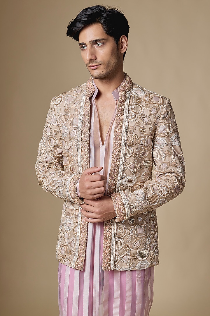 Gold Georgette Resham Embellished Open-Groom Indowestern Set by Dapper & Dare at Pernia's Pop Up Shop