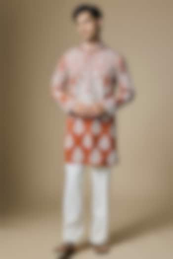Orange Armani Satin Thread Embroidered Kurta Set by Dapper & Dare at Pernia's Pop Up Shop