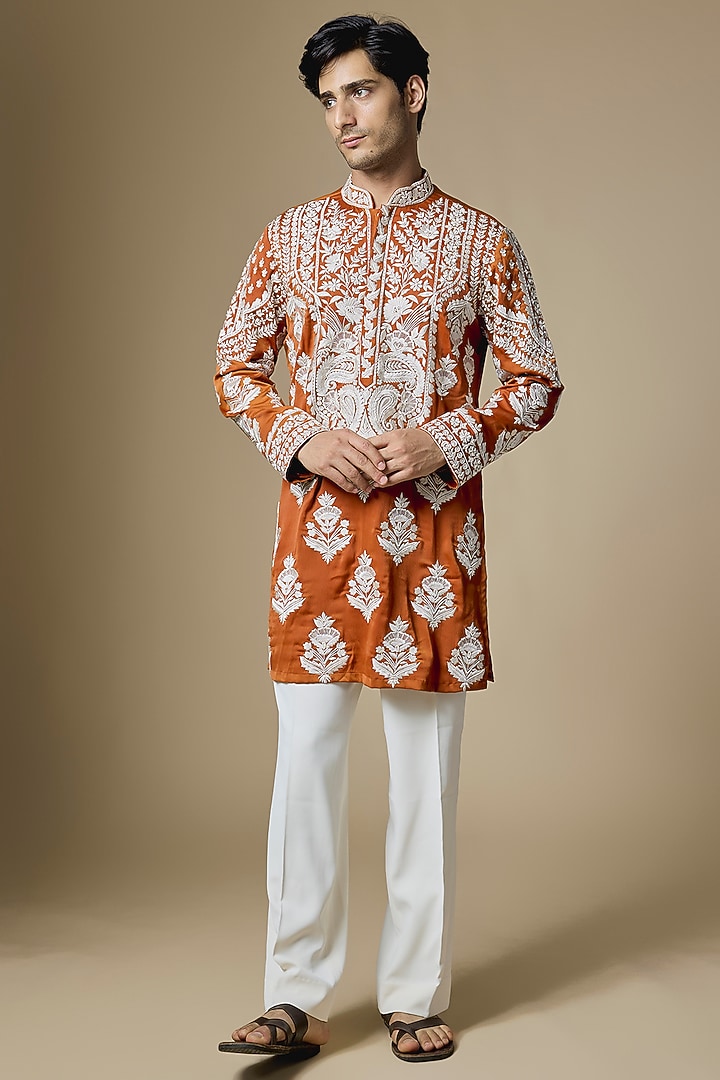 Orange Armani Satin Thread Embroidered Kurta Set by Dapper & Dare at Pernia's Pop Up Shop