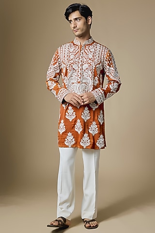 Orange Armani Satin Thread Embroidered Kurta Set by Dapper & Dare