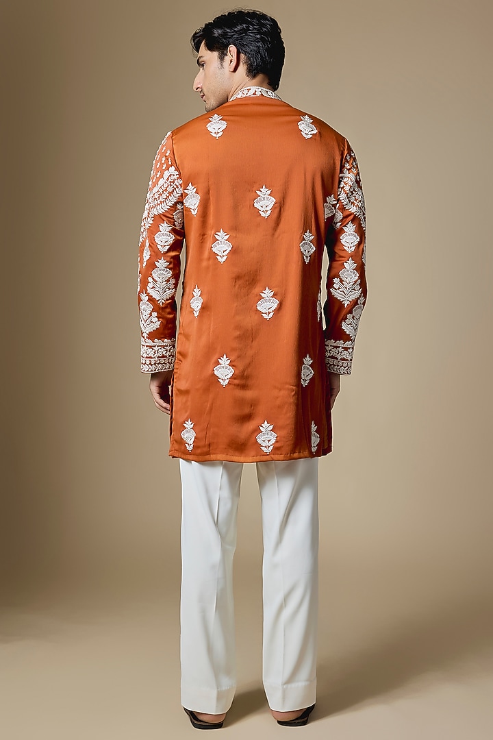 Orange Armani Satin Thread Embroidered Kurta Set by Dapper & Dare at Pernia's Pop Up Shop