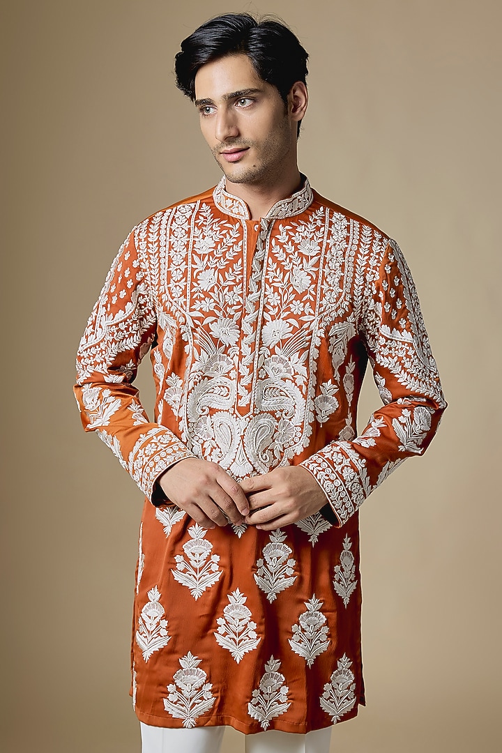 Orange Armani Satin Thread Embroidered Kurta Set by Dapper & Dare at Pernia's Pop Up Shop