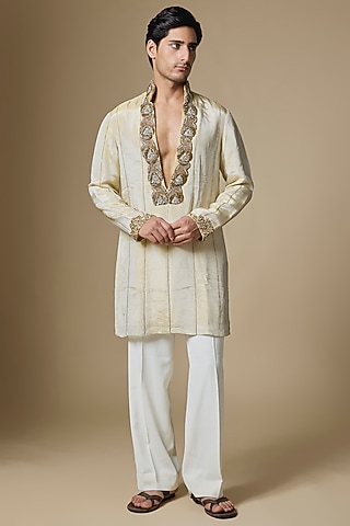 Gold Tissue Cutdana Embroidered Kurta Set by Dapper & Dare