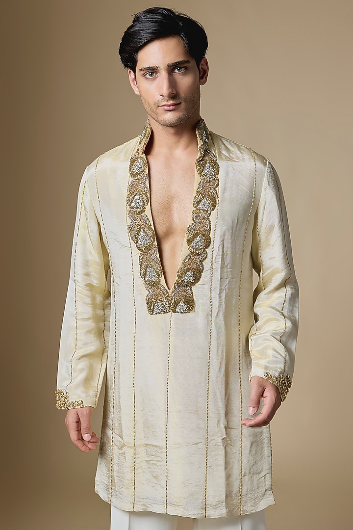 Gold Tissue Cutdana Embroidered Kurta Set by Dapper & Dare at Pernia's Pop Up Shop