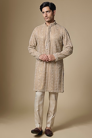 Gold Net Cutdana Embroidered Kurta Set by Dapper & Dare