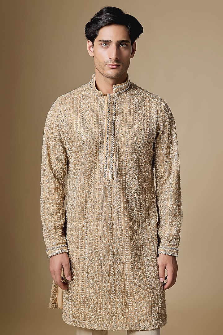 Gold Net Cutdana Embroidered Kurta Set by Dapper & Dare at Pernia's Pop Up Shop
