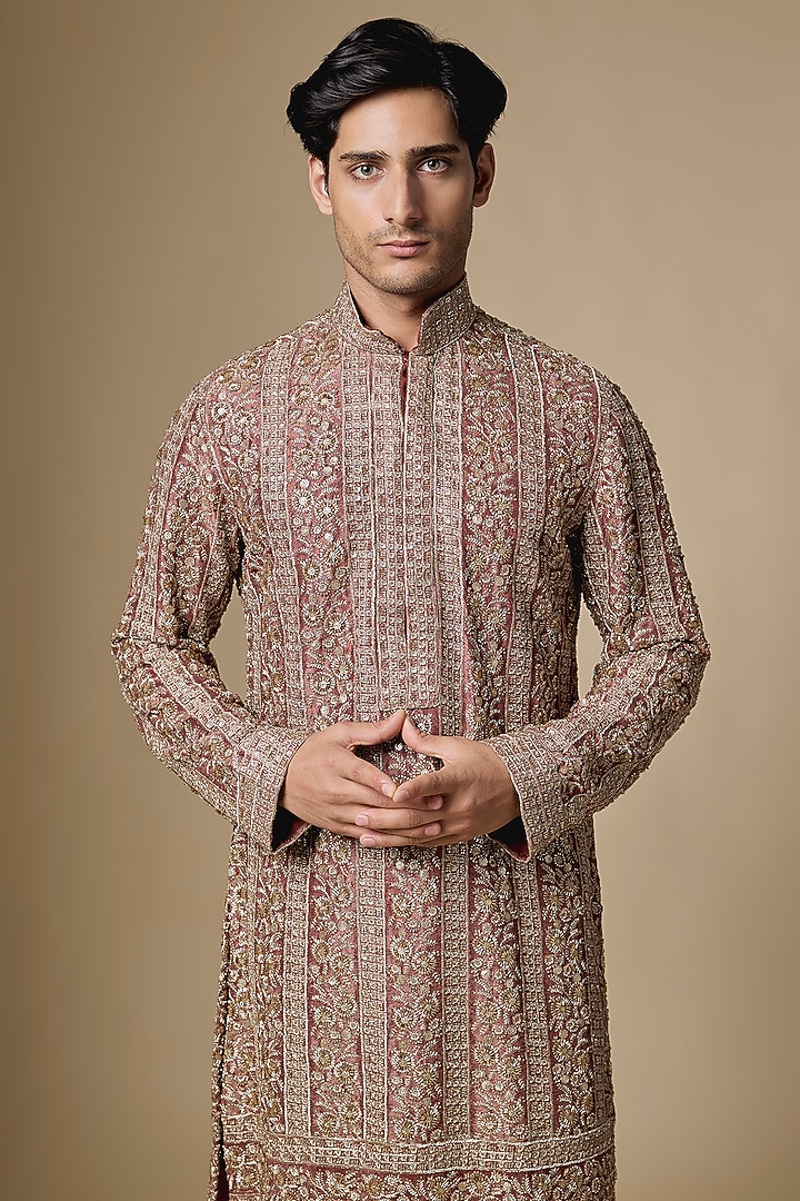 Purple Georgette Cutdana Embroidered Kurta Set by Dapper & Dare at Pernia's Pop Up Shop