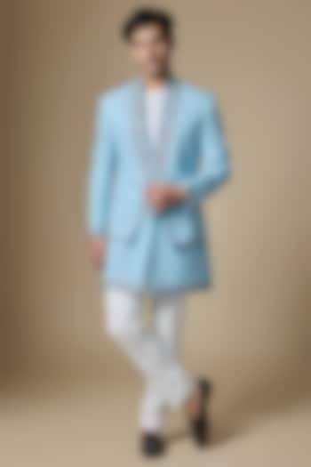 Blue Japanese Twill Zardosi Embroidered Groom Sherwani Set by Dapper & Dare at Pernia's Pop Up Shop