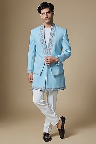 Blue Japanese Twill Zardosi Embroidered Sherwani Set by Dapper & Dare