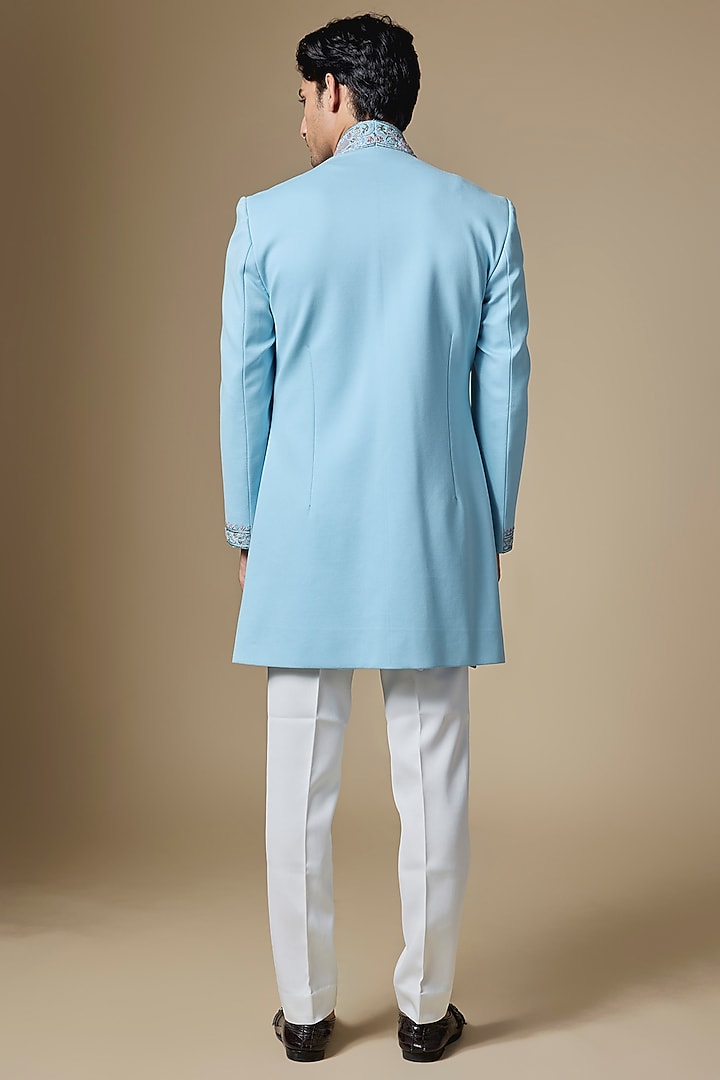 Blue Japanese Twill Zardosi Embroidered Groom Sherwani Set by Dapper & Dare at Pernia's Pop Up Shop