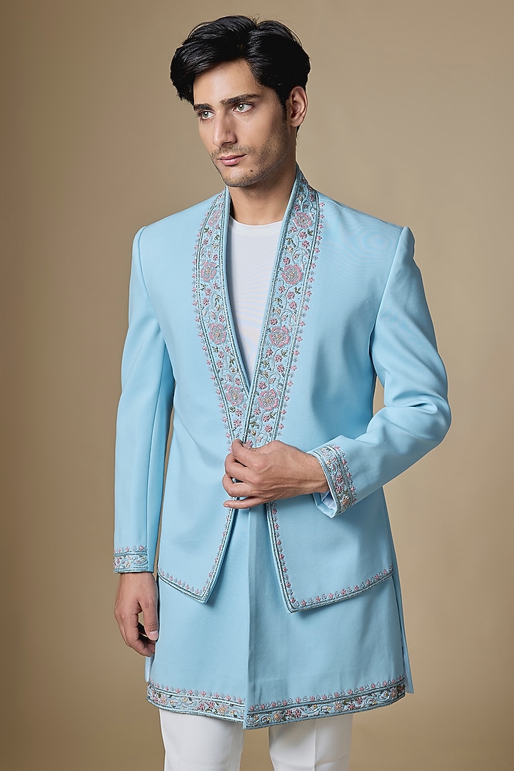 Blue Japanese Twill Zardosi Embroidered Groom Sherwani Set by Dapper & Dare at Pernia's Pop Up Shop